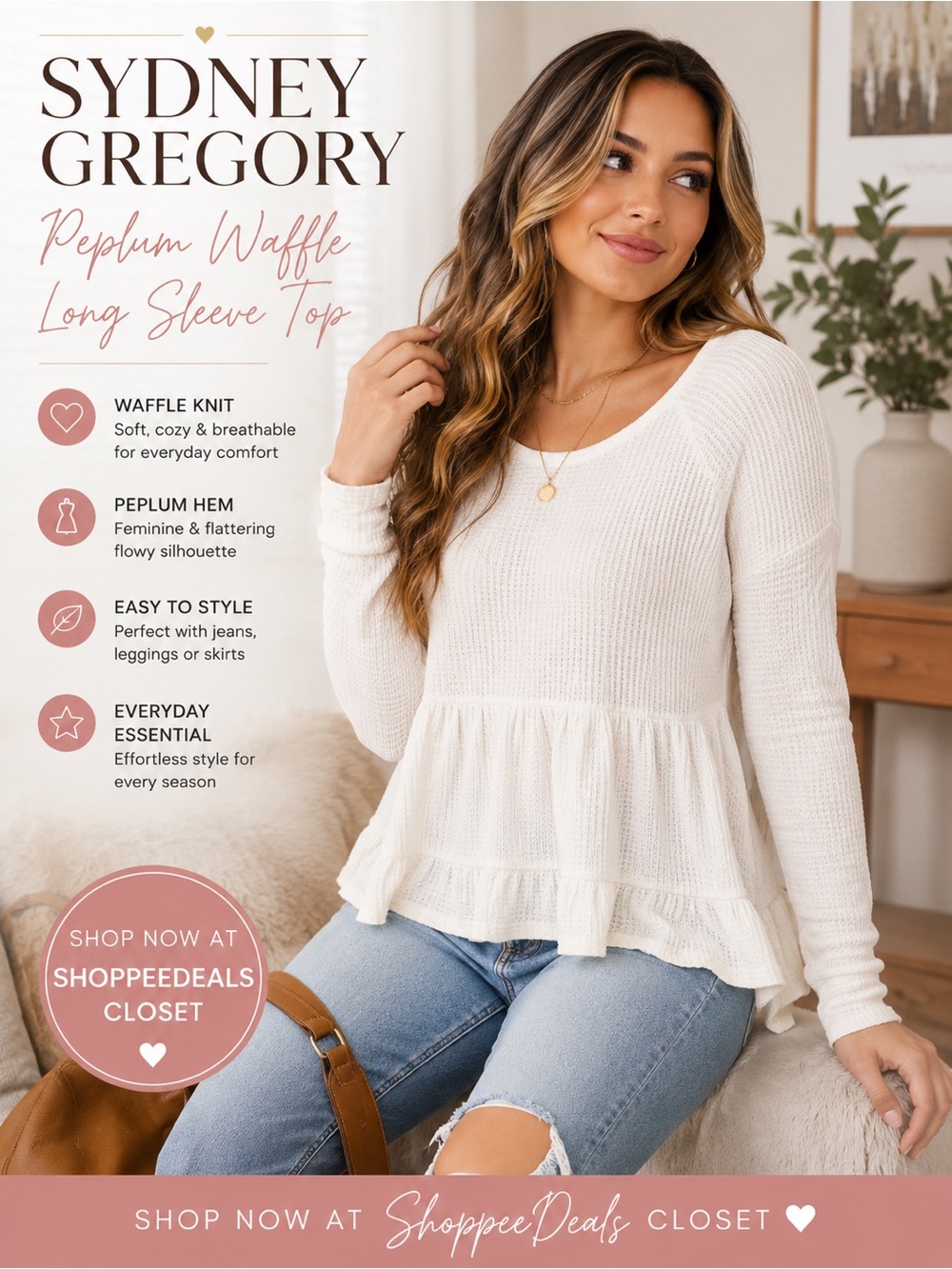 Sydney Gregory Waffle Knit Peplum Long Sleeve Top – Women’s Small – Ivory